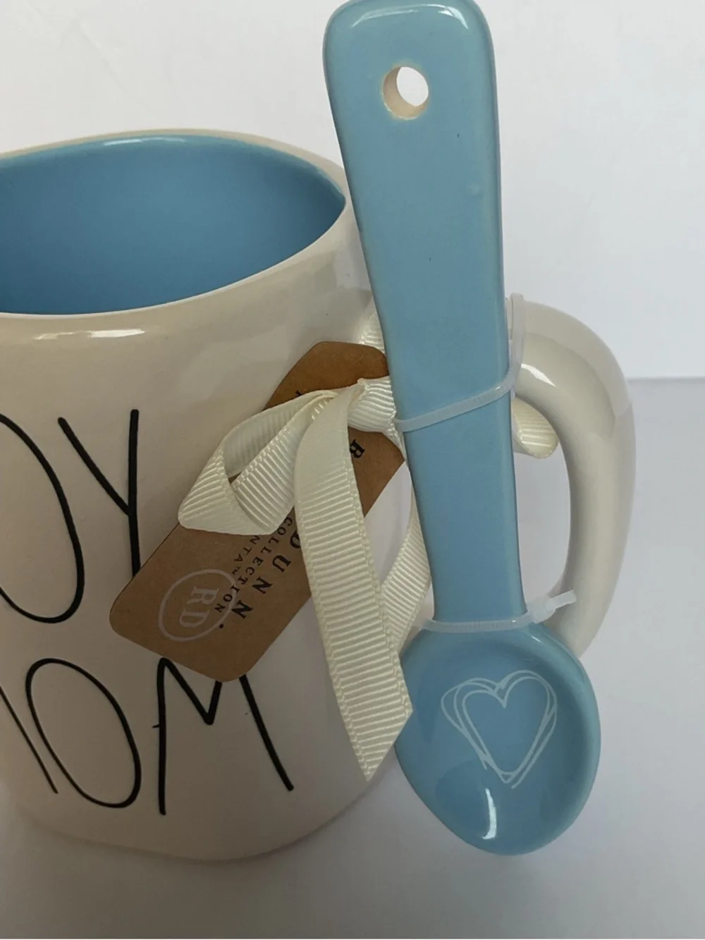 Rae Dunn Boy Mom White Cup Mug 16oz w/ Blue Spoon Gift Set Brand New Baby Shower
